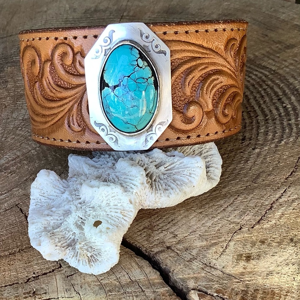 Sterling/turquoise leather cuff,up to 6 3/4” wrist